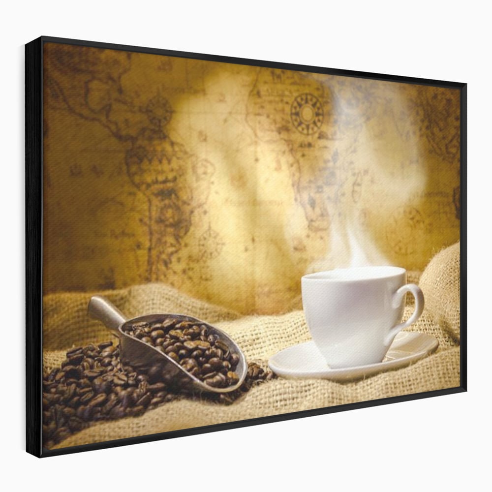 Tablou canvas cu ceasca de cafea cu boabe pe sac de iuta, in rama de aluminiu negru